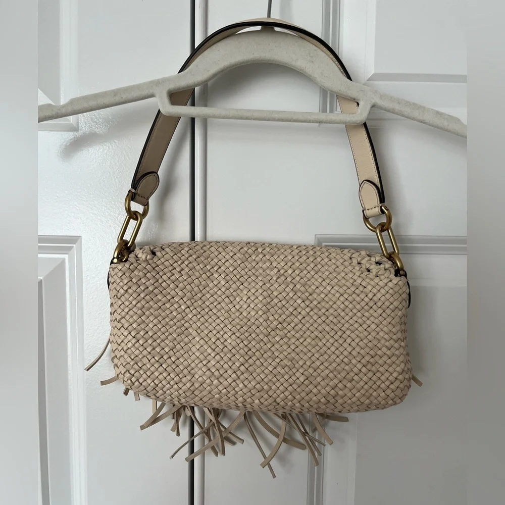 Tory Burch Woven Fringe Shoulder Bag in Beige